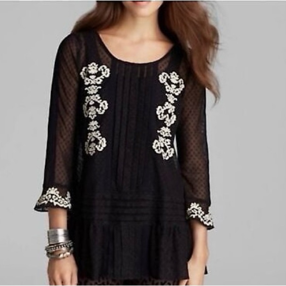 Free People Black Lace Mesh Tunic Top Sz Small Dot Ruffle Floral
